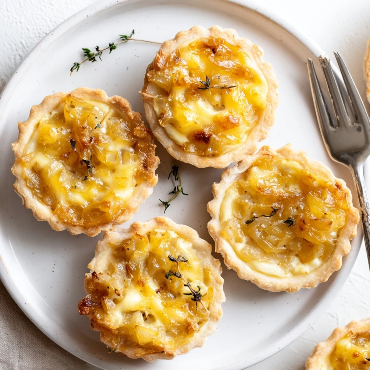 Mini Zwiebel-Törtchen aus zarten Teigschalen, gefüllt mit karamellisierten Zwiebeln und Käse.