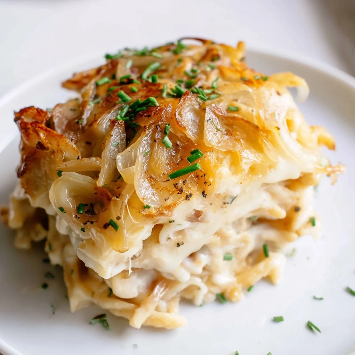 Zart gebackenes Käse-Spätzle-Rezept überbacken mit goldenen Zwiebeln und geschmolzenem Käse.