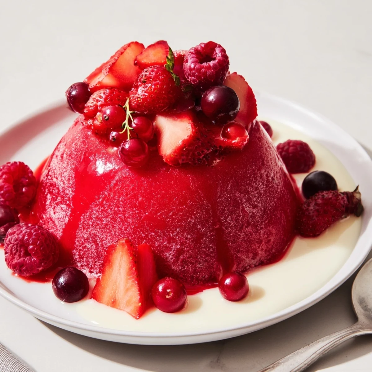 Fruchtige rote-Beeren-Pudding mit frischen Beeren und süßer Vanillesauce serviert.  