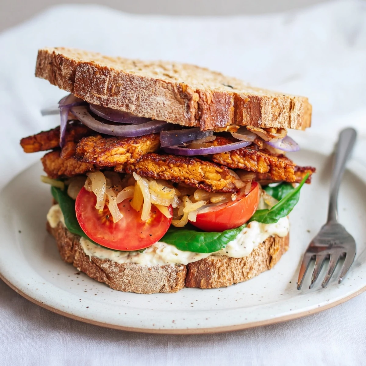 Zufriedenstellende Tempeh Bacon und Caraway Kraut Sandwiches mit cremiger veganer Mayonnaise