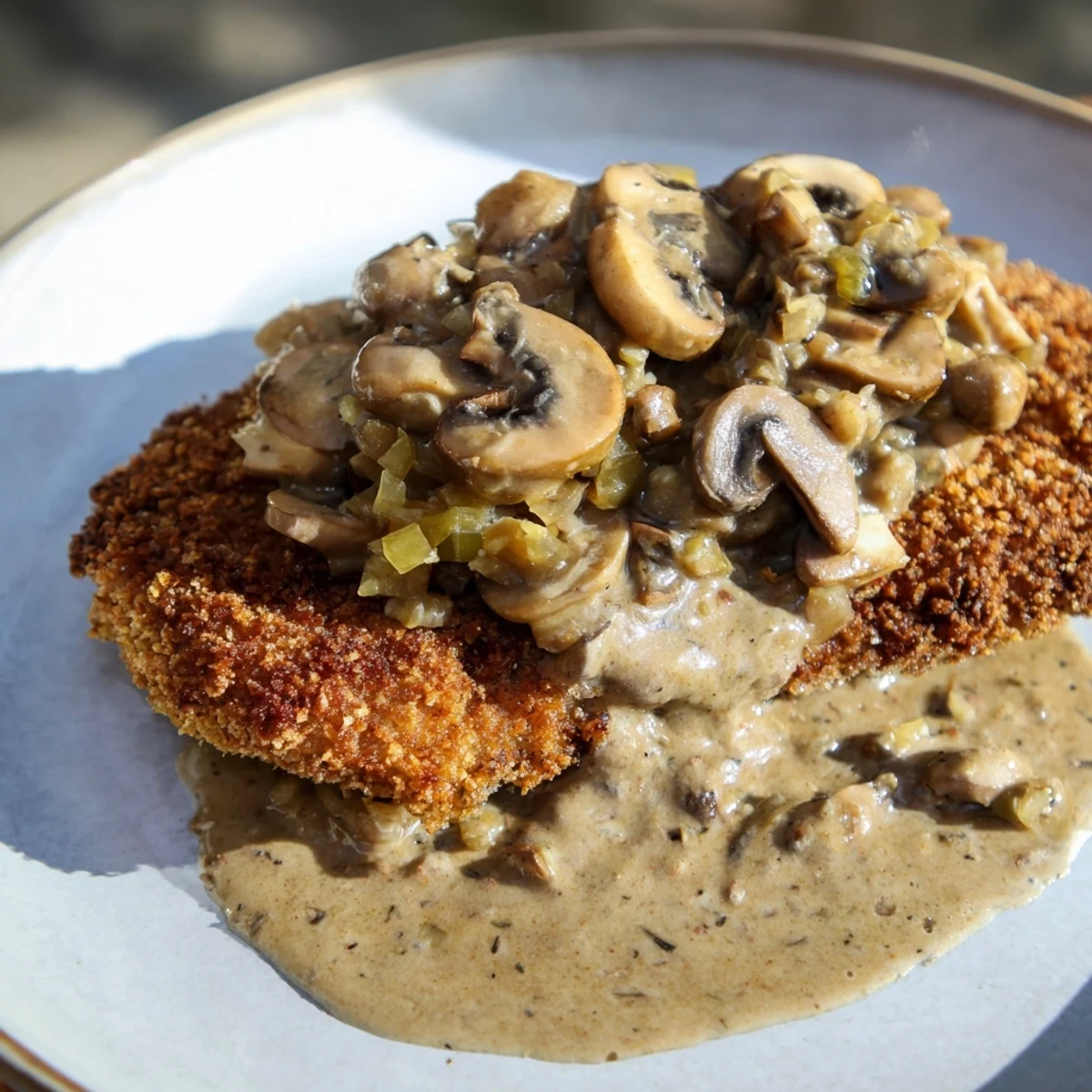Crispy Jaeger Schnitzel with savory mushroom gravy, ready for a comforting German meal.
