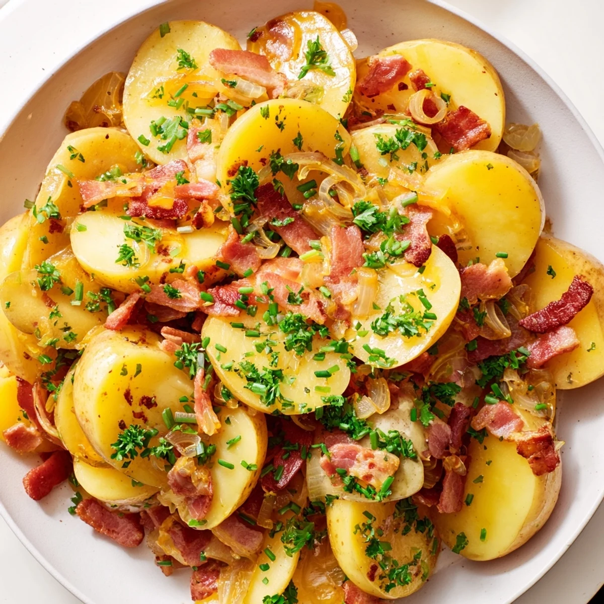 Steaming, golden slices of warm German potato salad, glistening with bacon and parsley.