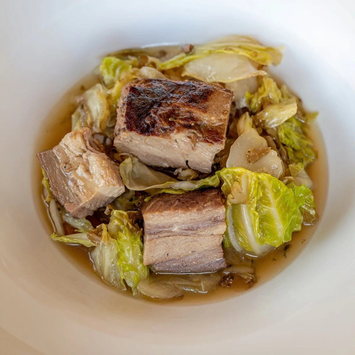 Sizzling close-up of Sweet Cabbage and Pork Stew, ready to serve with crusty bread.