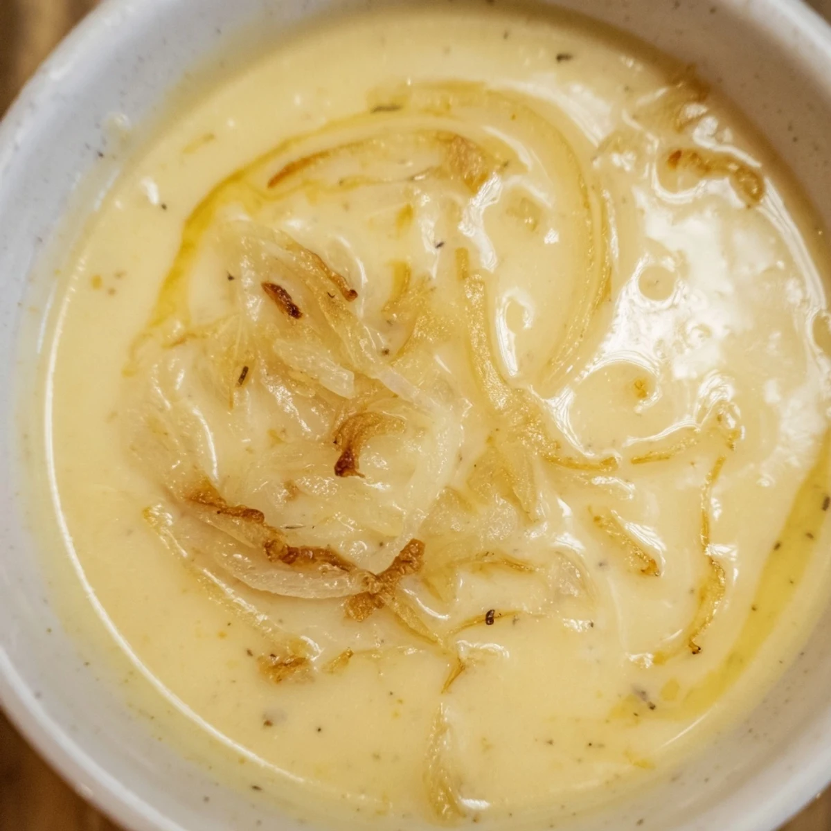 Golden, bubbling German Cheese and Onion Beer Soup topped with melted cheese, ready to serve.
