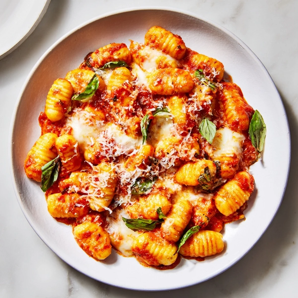 A close-up of delicious, tender potato gnocchi covered in flavorful tomato sauce, ready to eat.