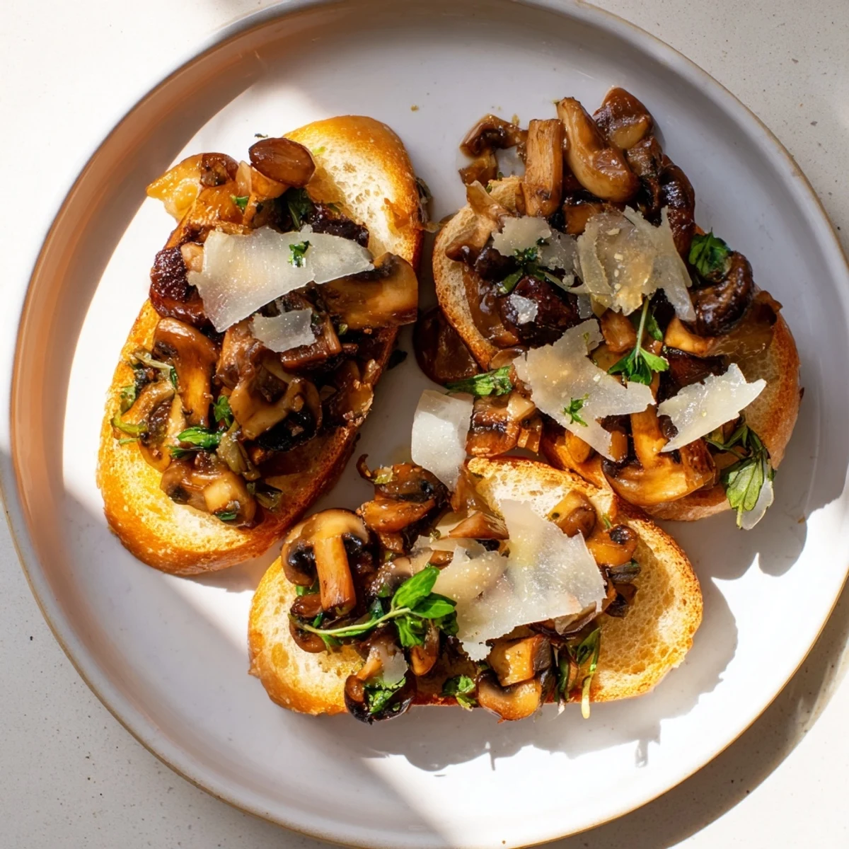 Freshly made bruschetta with roasted bread, mushrooms, and herbs, a delightful Italian starter.