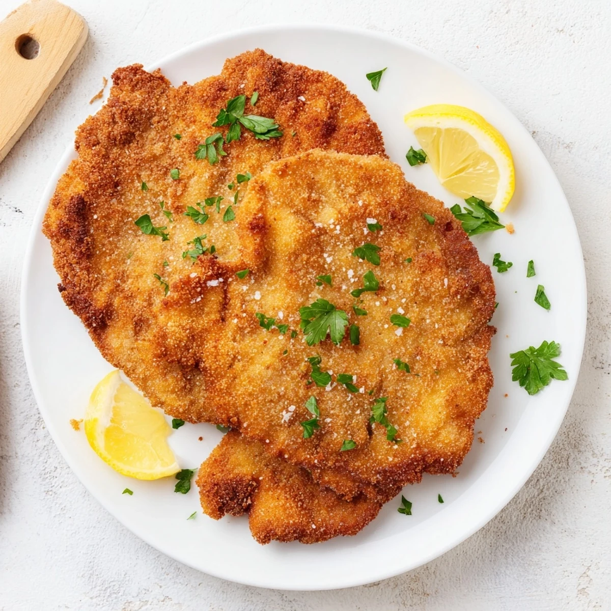 Golden brown schnitzel-style breaded cutlets, beautifully crispy, ready to be served with lemon wedges.