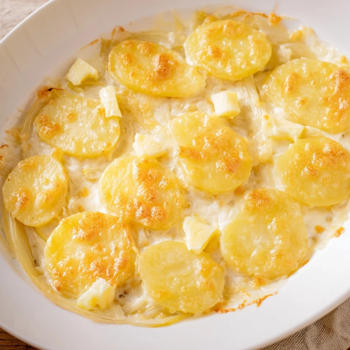 Delicious, baked Potato and Leek Oven Gratin, showcasing tender potatoes and creamy sauce.