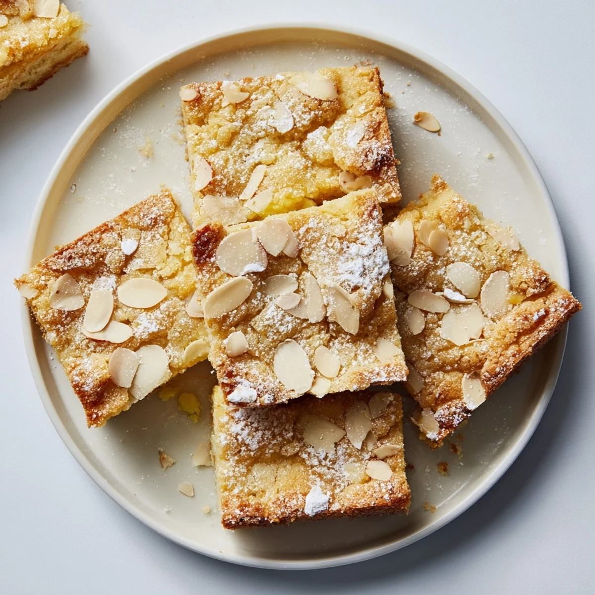 Golden-brown German butter cake slice, topped with almonds and sugar, ready to serve.