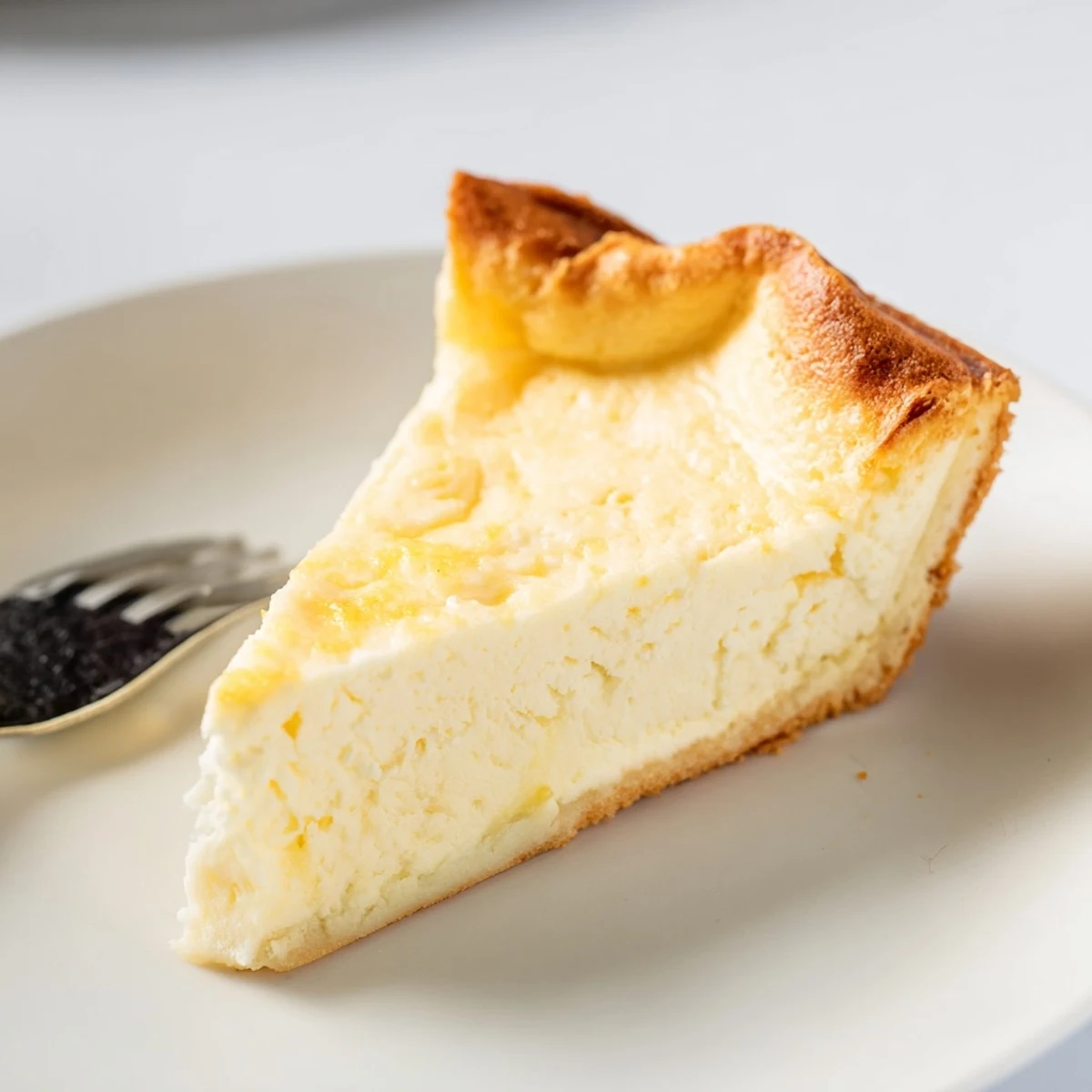 Creamy German cheesecake slice, showing its tender crust and luscious filling, ready to serve.