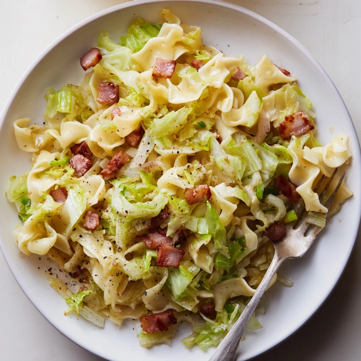 Crispy bacon and tender noodles combine in this delicious German Fried Bacon Cabbage Noodles dish.