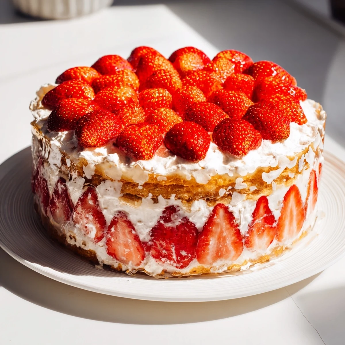 Freshly glazed German strawberry torte on display, with ruby red berries and vanilla custard.