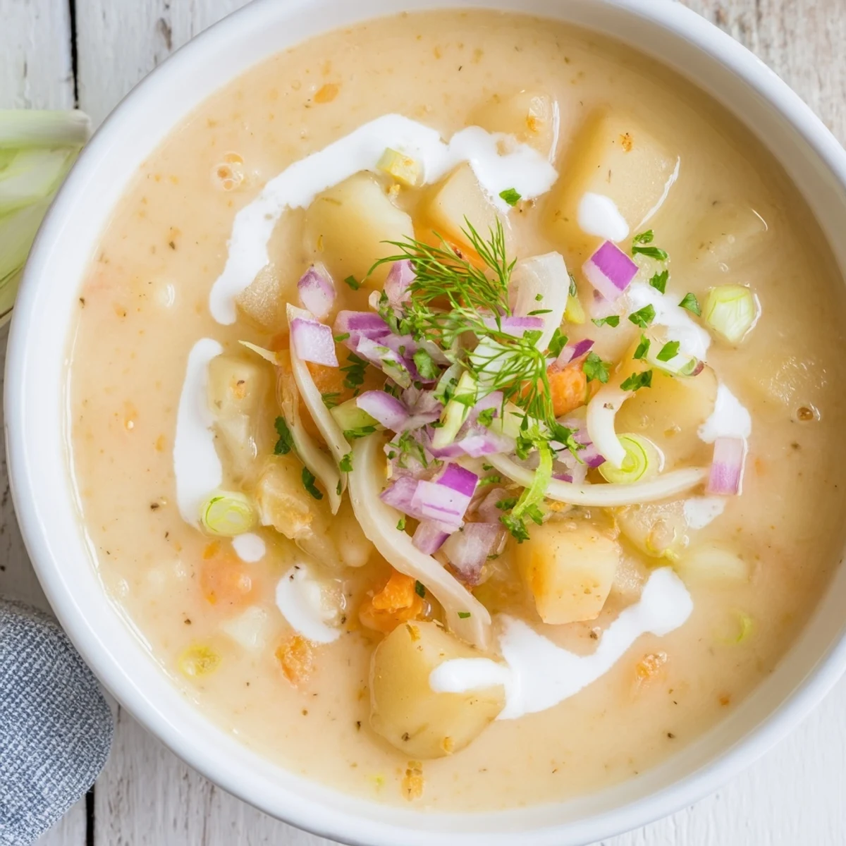 A creamy bowl of German Potato Soup, garnished with fresh chives, ready to eat.