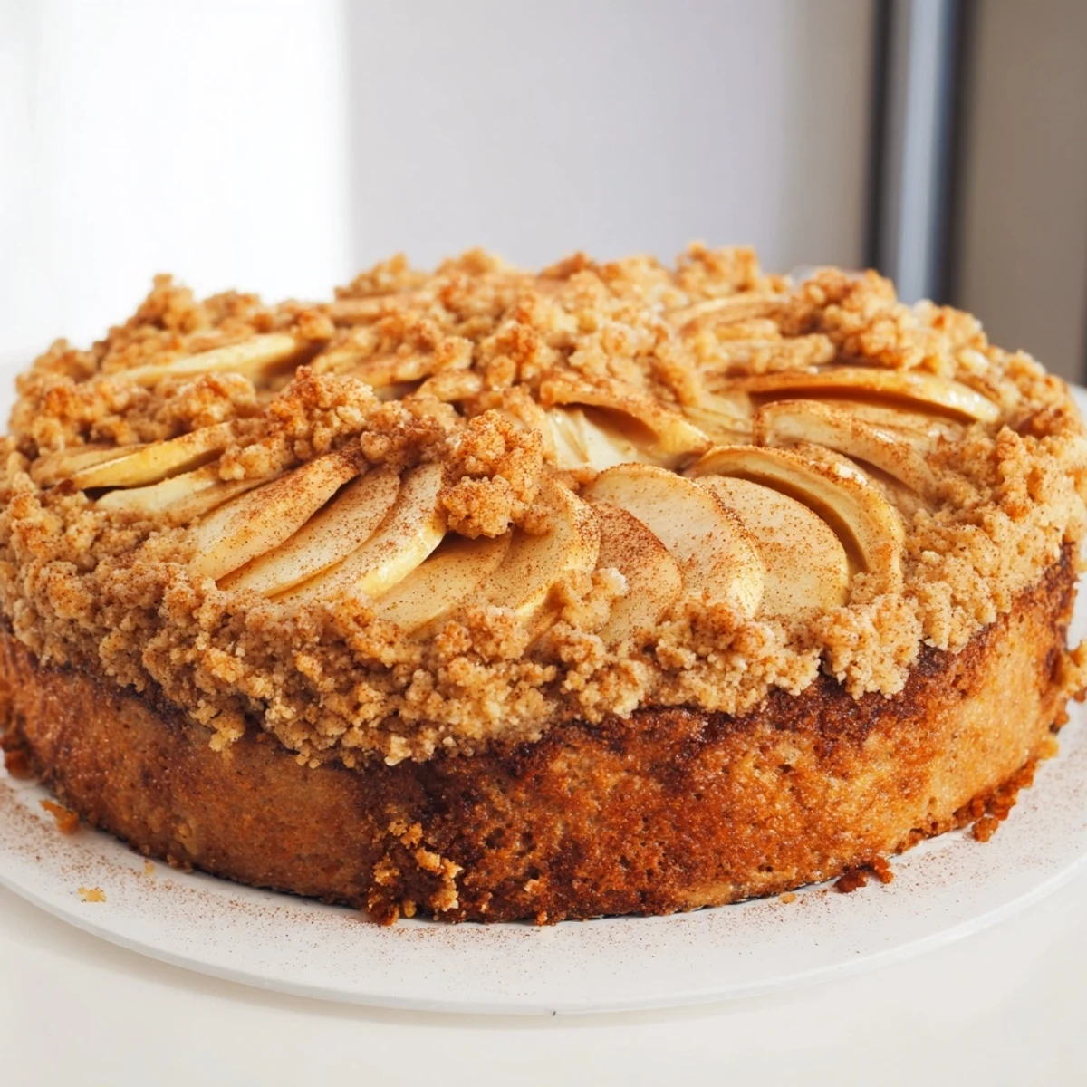 A close-up shot of a homemade German apple cake, layered with cinnamon apples and golden streusel.