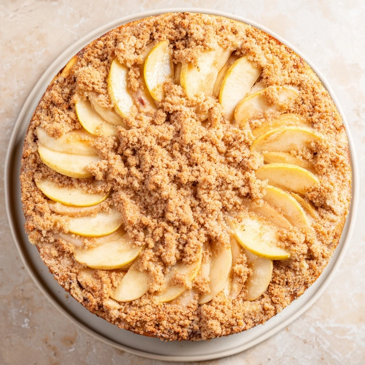 Cozy image of a slice of German apple cake, perfect with a dollop of whipped cream, inviting you in.