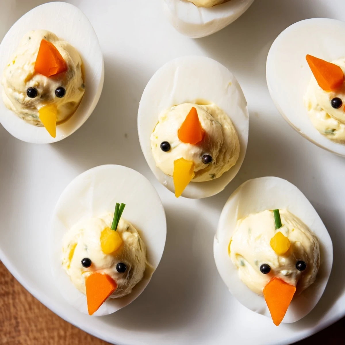 Enjoy a close-up of the delightful Chick & Duckling Snacks, making a fun and savory appetizer.
