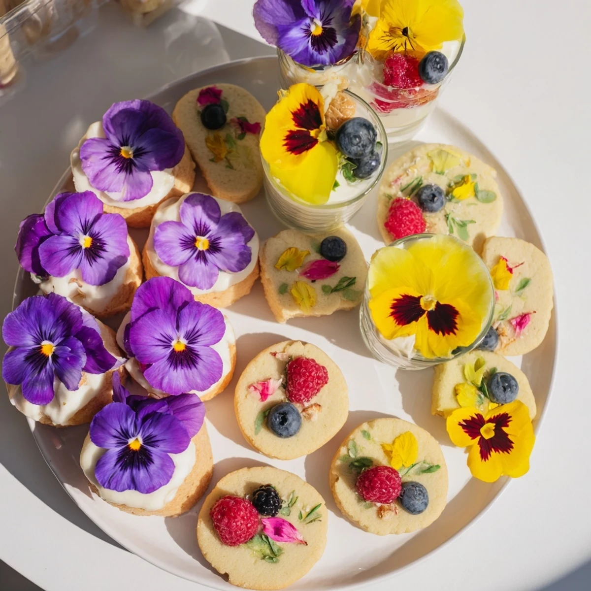 Spring Flower Dessert Tray overflowing with colorful treats, decorated with fresh edible flowers.