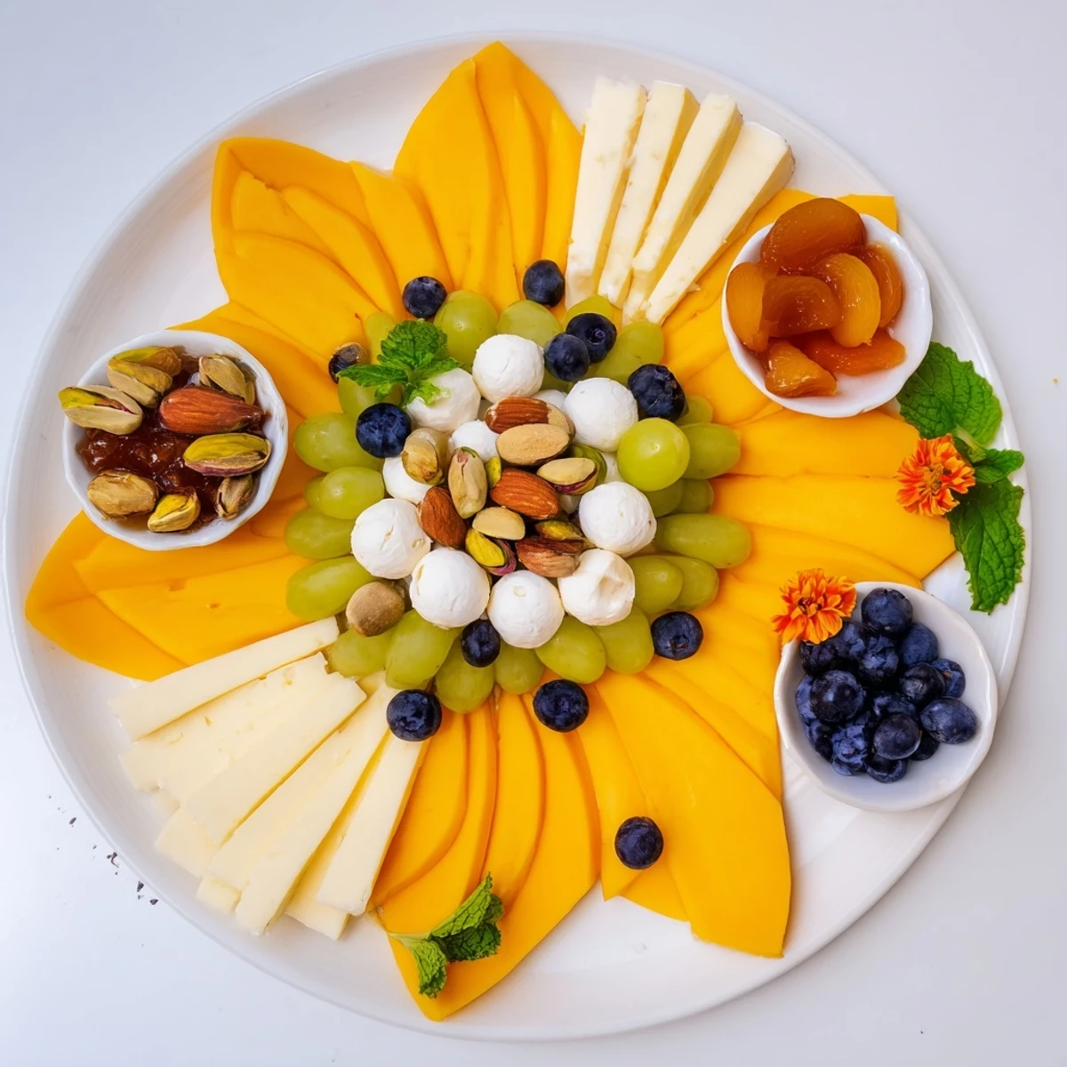 Daffodil Cheese Board arranged to look like a blooming flower, bursting with colorful cheeses and fruit on a platter.