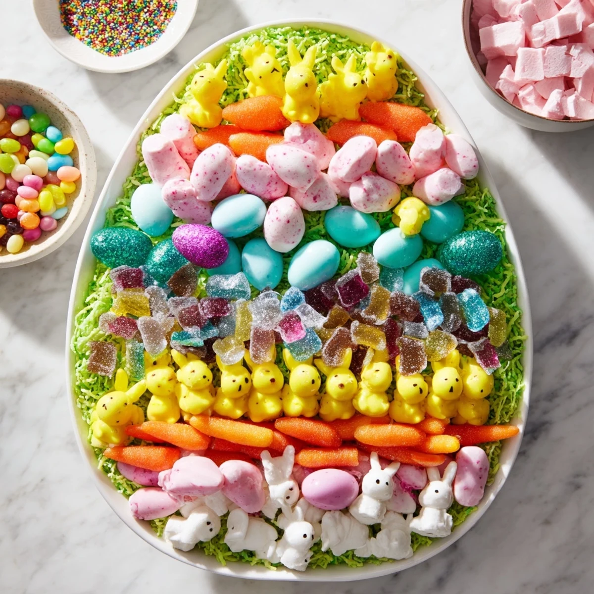 Close-up of a delightful Egg-Shaped Candy Platter featuring an assortment of sweet treats.