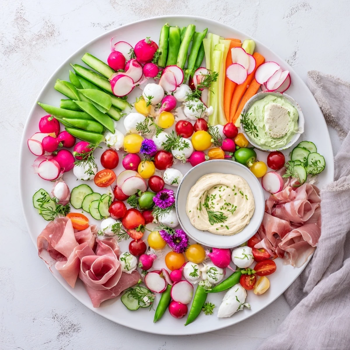 Spring Wreath Appetizer Platter arranged with fresh vegetables, cheese, and meats, a colorful springtime treat.