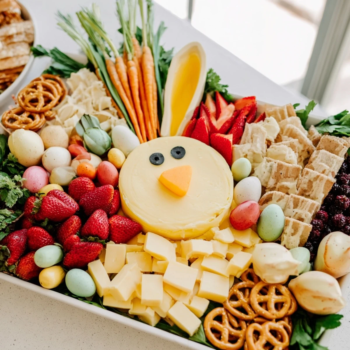 Bunny Ears Easter board brimming with colorful fruits, cheeses, and crackers for Easter snacking.