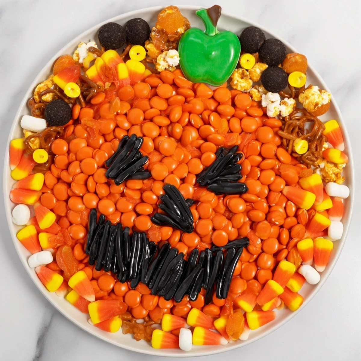 This Jack-o-Lantern Candy Board showcases a festive candy platter, perfect for any Halloween party treat.