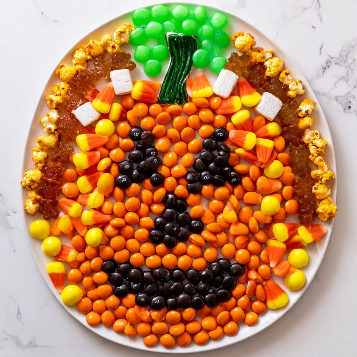 A vibrant Jack-o-Lantern Candy Board, a Halloween delight with orange candies forming a bright pumpkin.