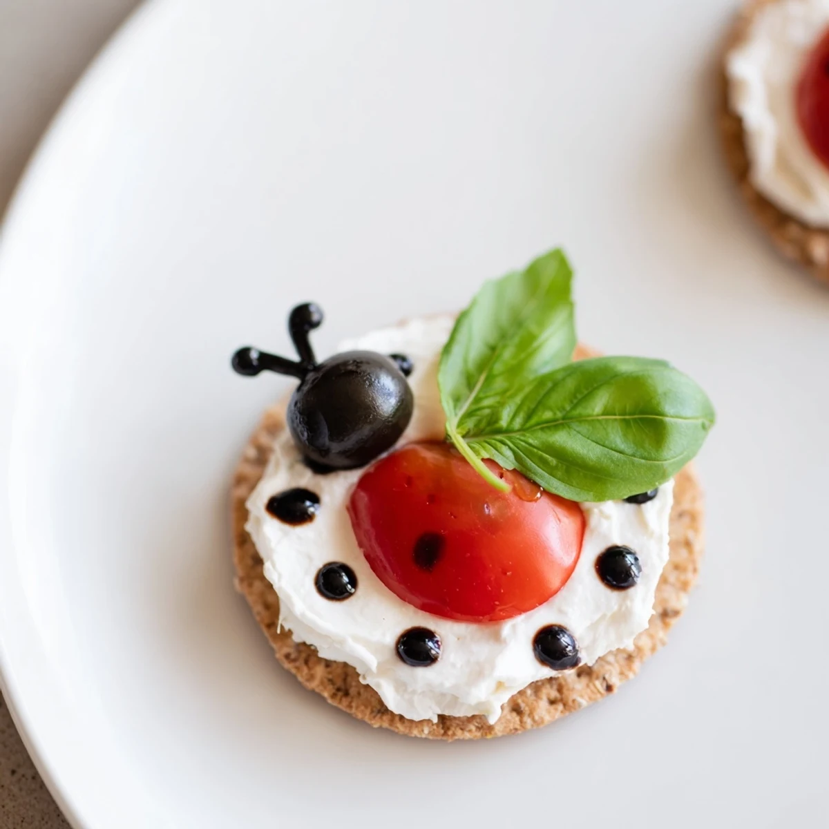 "Ladybug Love Picnic Finger Foods: vibrant cherry tomatoes and olives create charming ladybug appetizers."