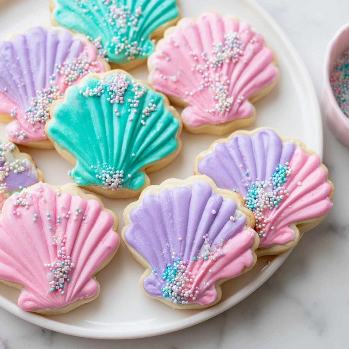 Shimmering pastel Seashell Sweets, seashell-shaped sugar cookies, perfect for a mermaid party, waiting to be served.