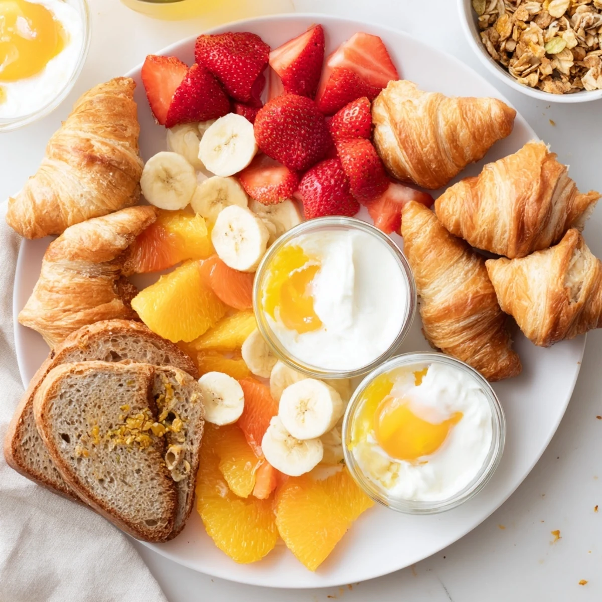 Fresh Soleil Matinal Breakfast Platter with vibrant fruits, eggs, and sweet honey yogurt, ready to eat.