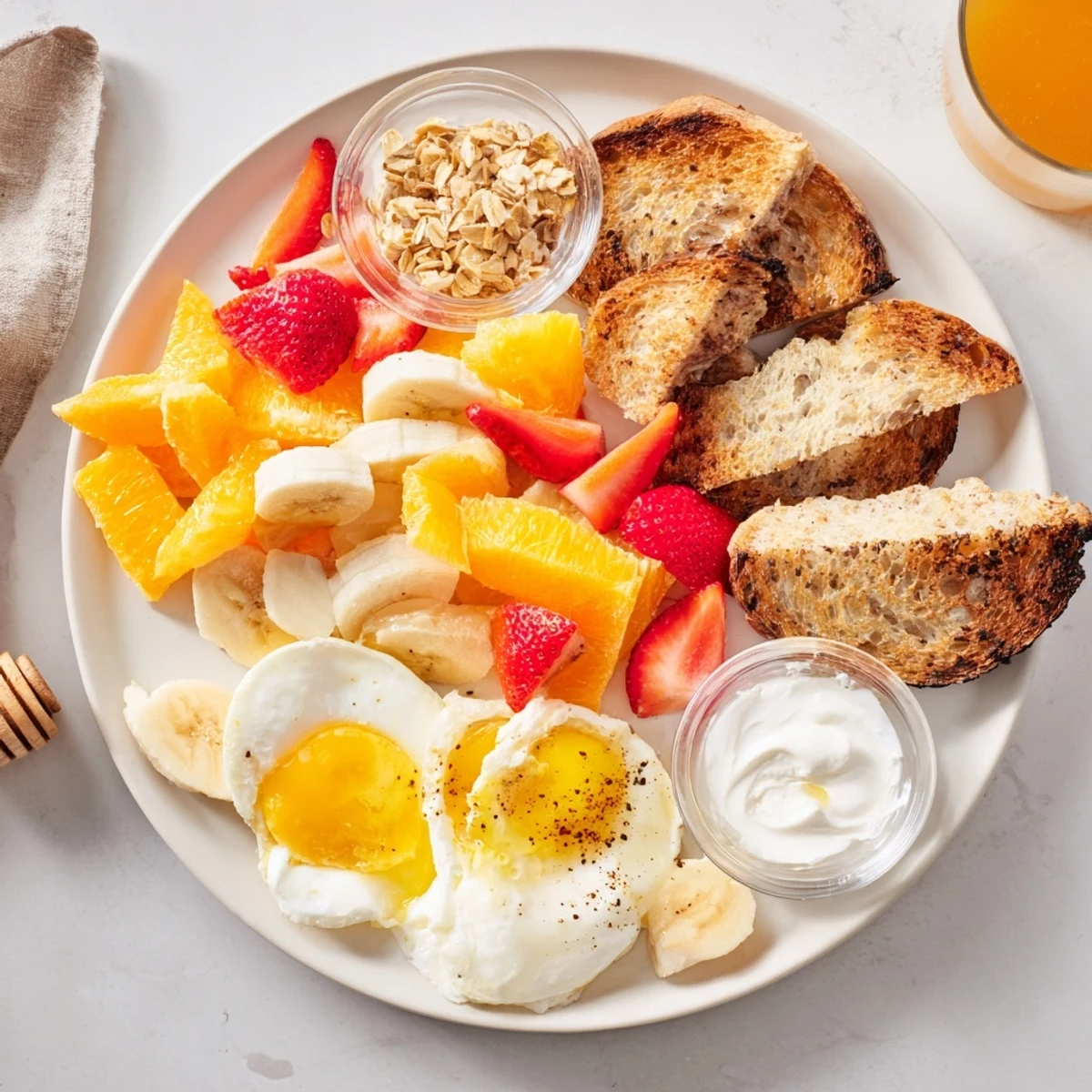 A bright Soleil Matinal Breakfast Platter offers a colorful array of fresh fruits and warm, toasted bread.