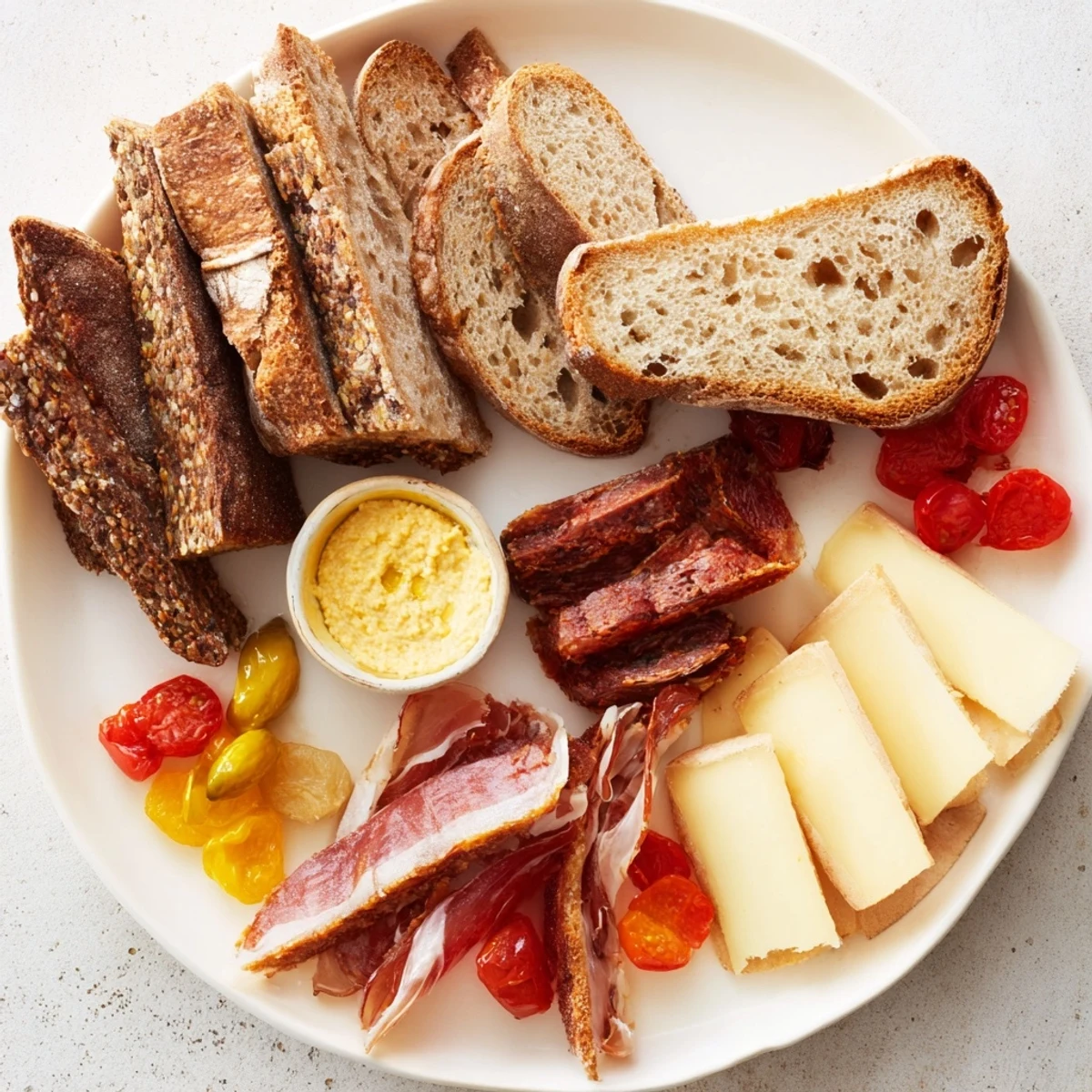 Alpine snack board Plancha Montagne Aventure collation, featuring cheeses, meats and fruit, ready to eat.