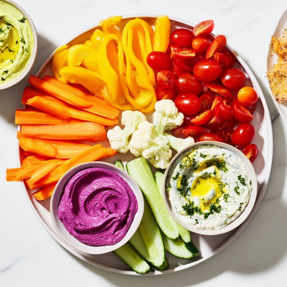 A close-up of rainbow vegetable dips showcasing a delicious assortment of healthy appetizers for everyone.