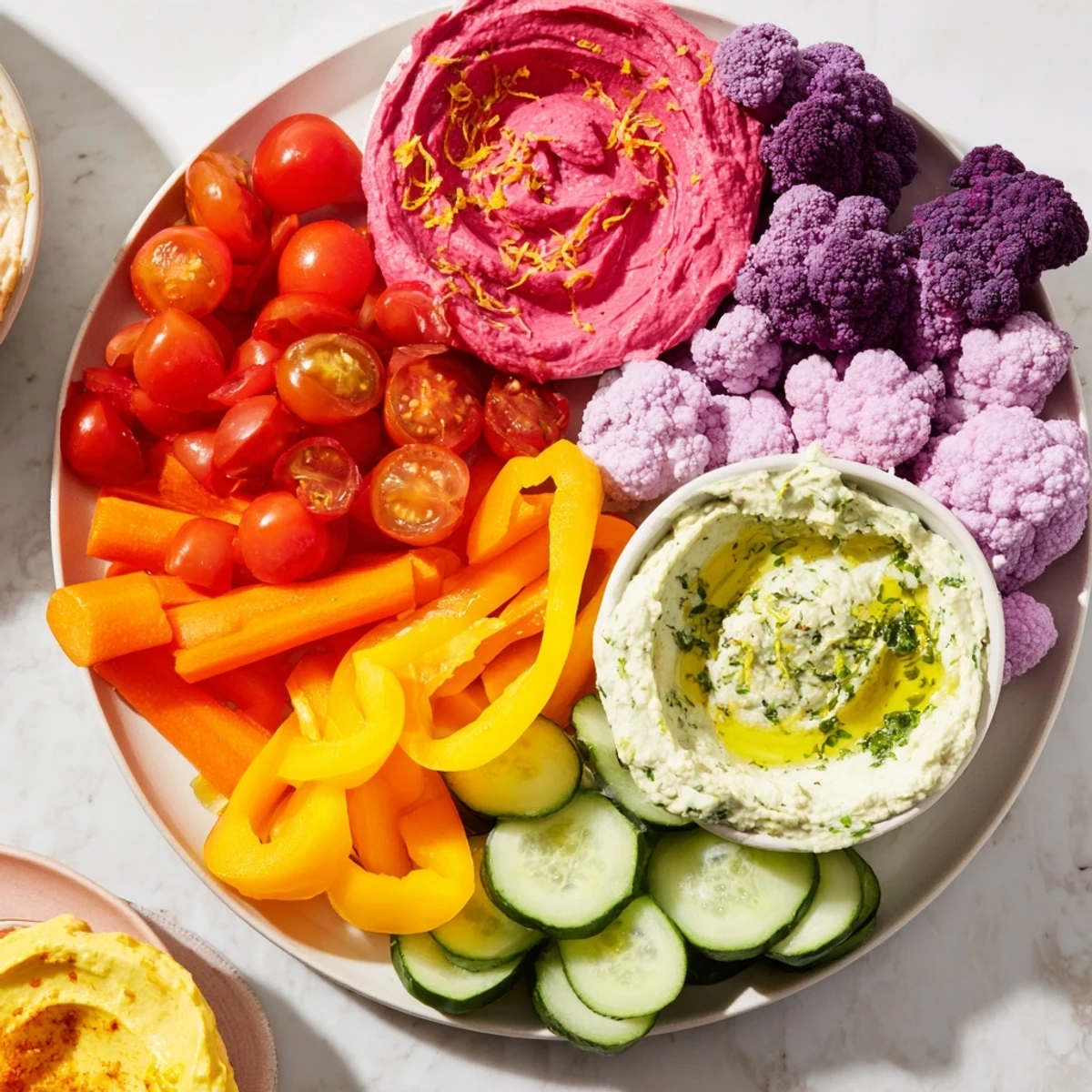 Beautifully arranged rainbow vegetable dips, a perfect appetizer offering an array of fresh, colorful vegetables.