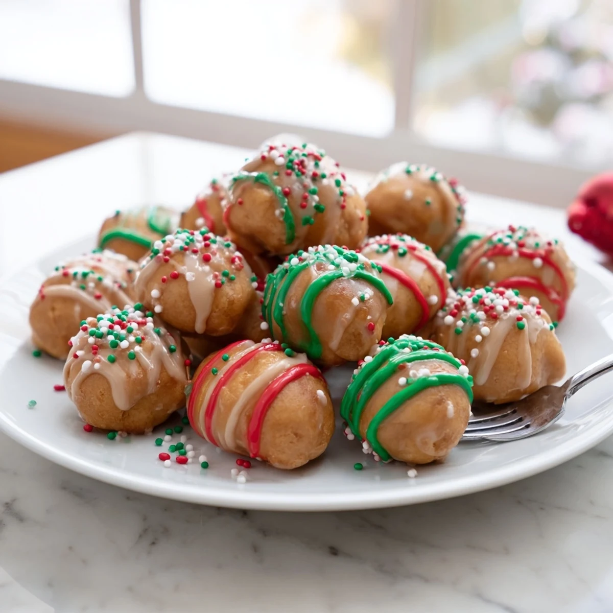 Golden-fried Christmas Ornament Beignets, sprinkled with festive colors, perfect for sharing and enjoying.