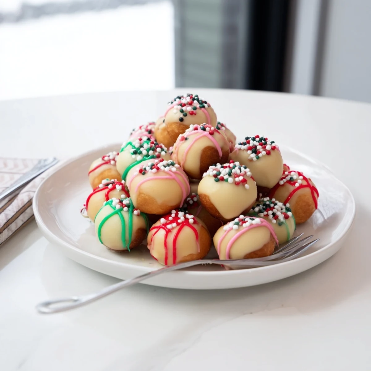 Festive Christmas Ornament Beignets, iced in red and green, ready for a delicious holiday treat.