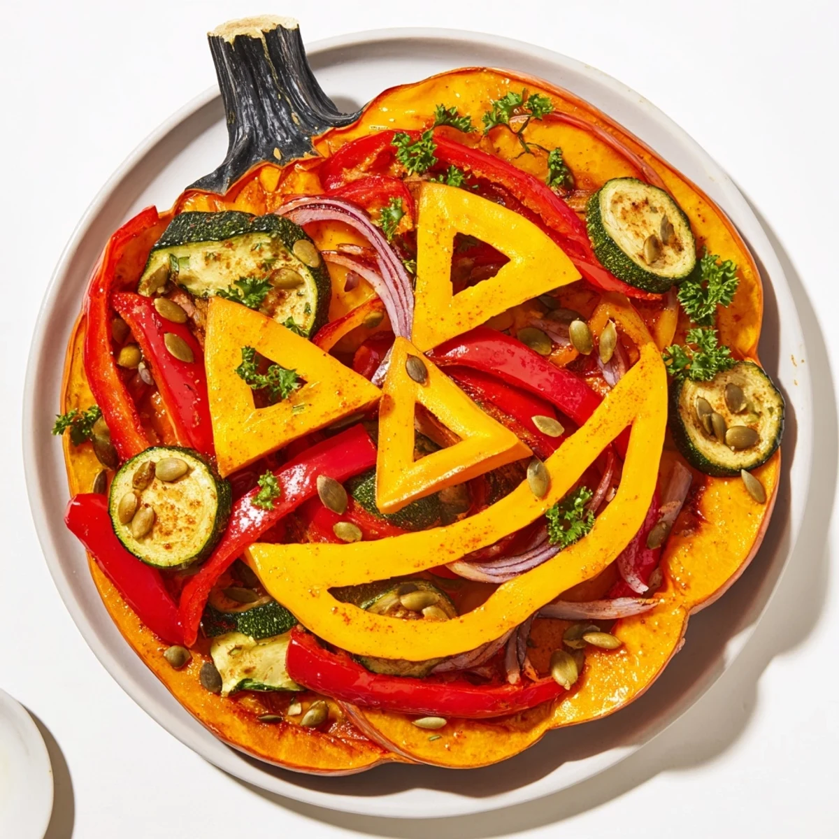 Warm, inviting image: Roasted pumpkin lantern plate bursting with vibrant autumn colors.