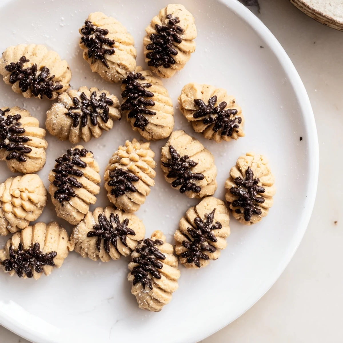 Golden-brown pinecone shaped peanut butter cookies, sprinkled with chocolate and ready to eat.
