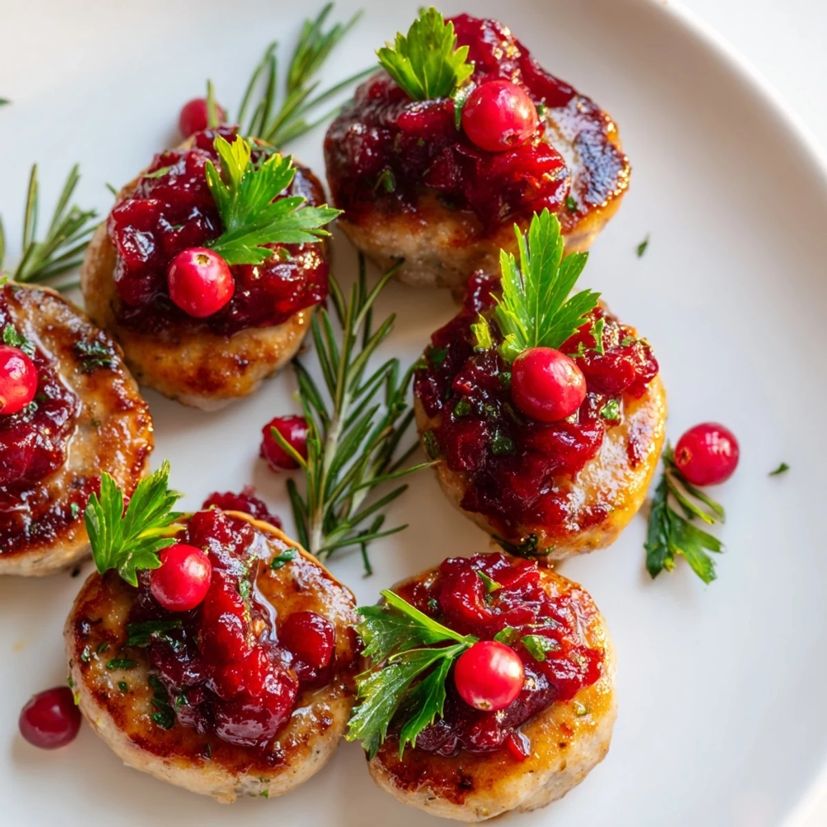 Festive holly berry sausage bites, glistening with cranberry sauce and herbs, ready for a holiday appetizer.
