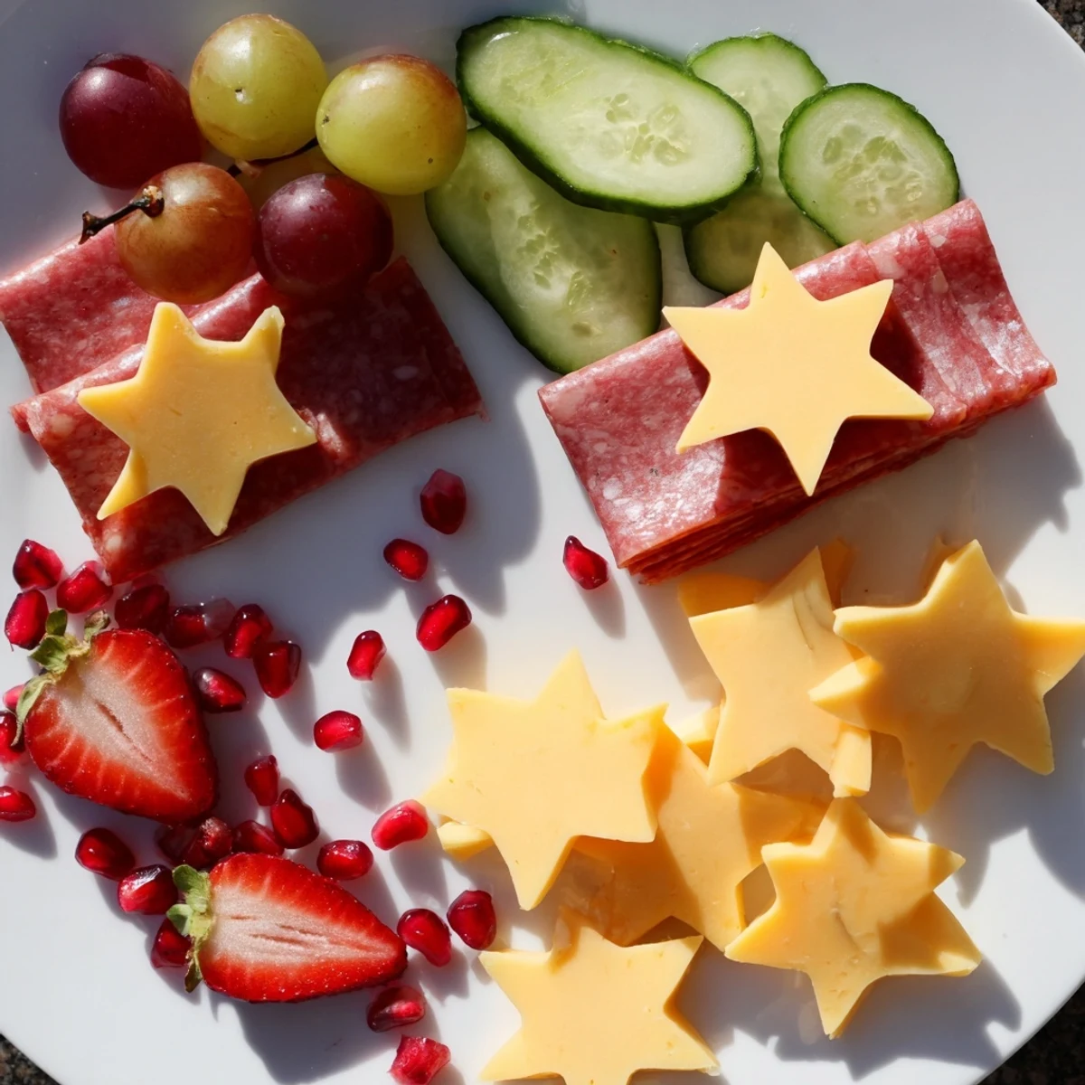 A beautifully arranged Happy New Year 2026 Star Board displaying colorful appetizers, perfect for a celebration.