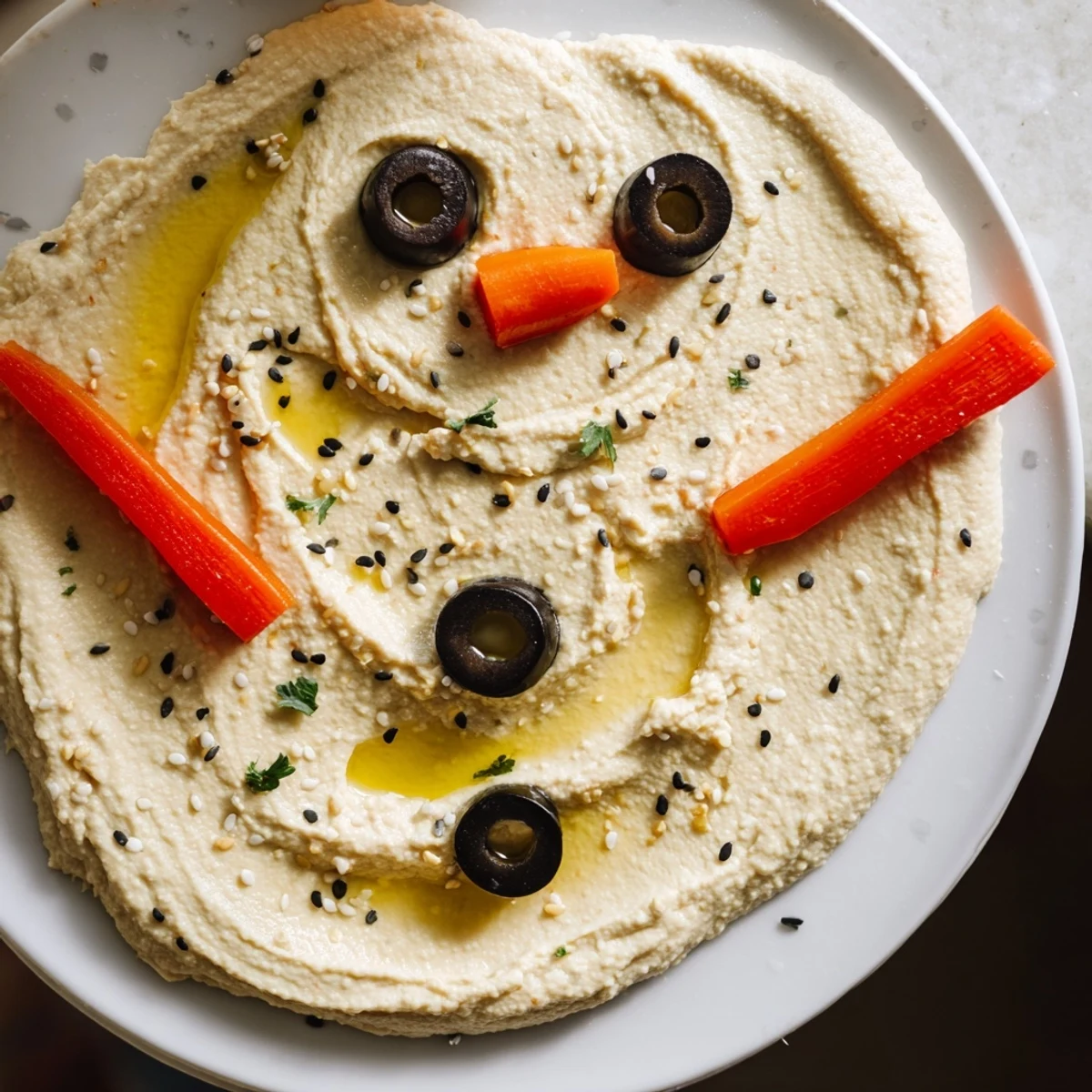 Melted Snowman Hummus Platter with vibrant carrot nose and olive eyes ready to dip.