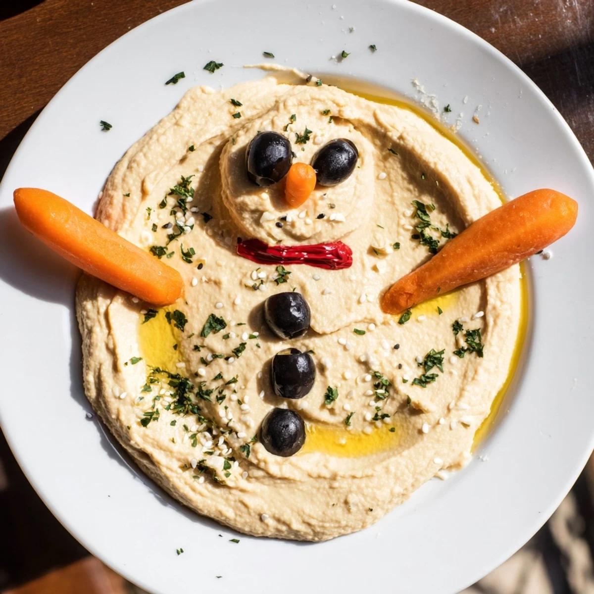 Festive and fun, this melted snowman hummus platter is perfect for a holiday appetizer.