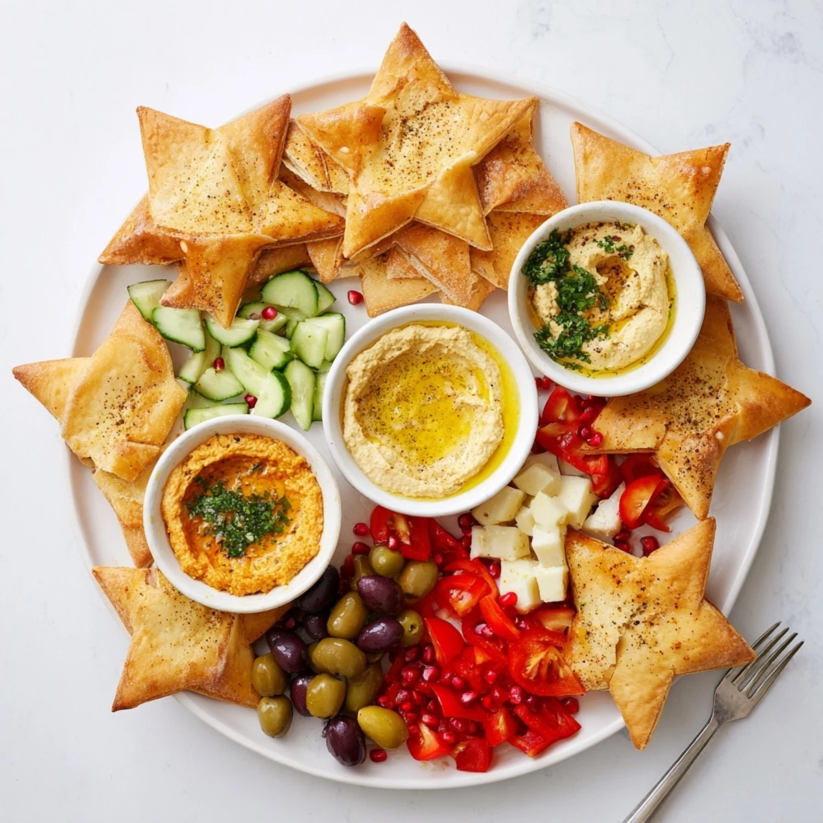 Vibrant Three Kings Star Pita Board, perfect for sharing, featuring colorful dips and Mediterranean flavors.