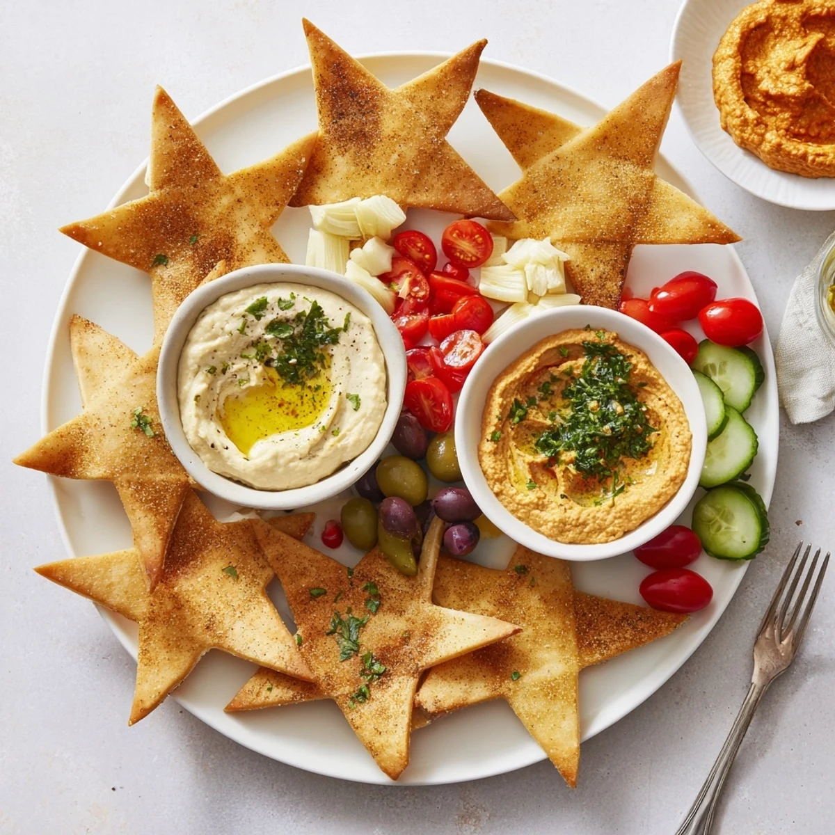 Crispy star-shaped pita on a board with hummus and colorful vegetables; a delightful Three Kings appetizer.
