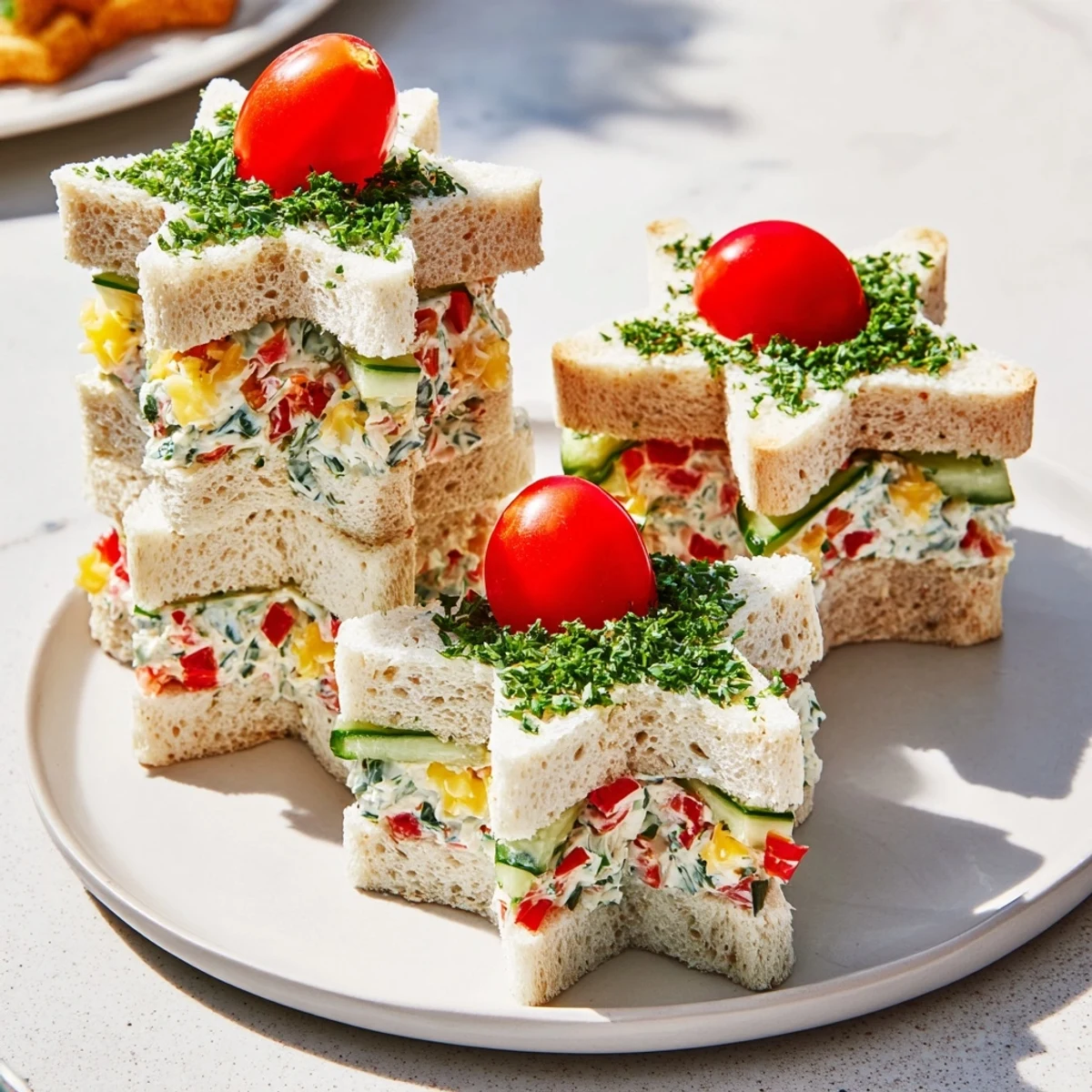 Colorful Stacked Star Christmas Tree Sandwiches, layered with cream cheese and fresh veggies, ready to serve.