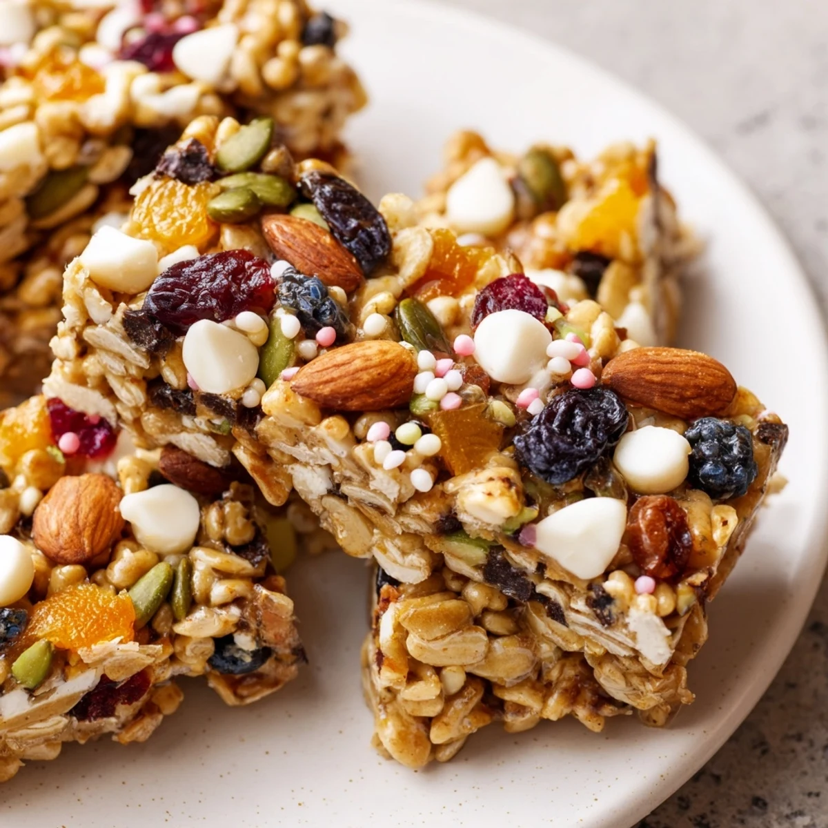 Homemade Winter Wonderland Trail Mix Bars, featuring a mix of nuts, fruits, and white chocolate chips.