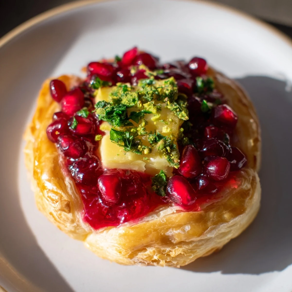 Golden, bubbly Fireworks Brie Tartlets, each brimming with melted brie and jeweled pomegranate seeds.