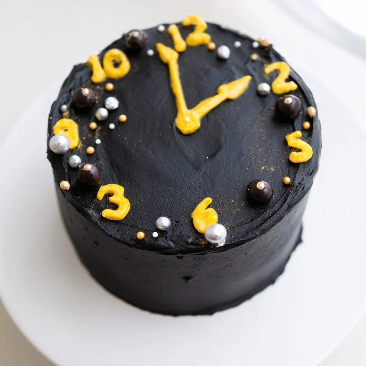 Festive countdown clock mini desserts, frosted with black buttercream and edible pearls, ready to celebrate.