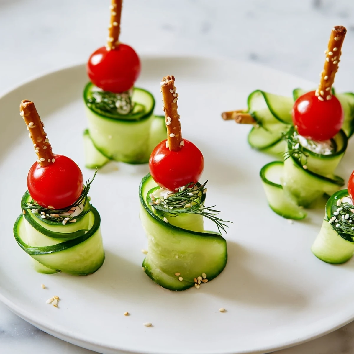 Close-up of vibrant Spiral Cucumber Ribbon Christmas Trees, a vegetarian appetizer with fresh herbs.