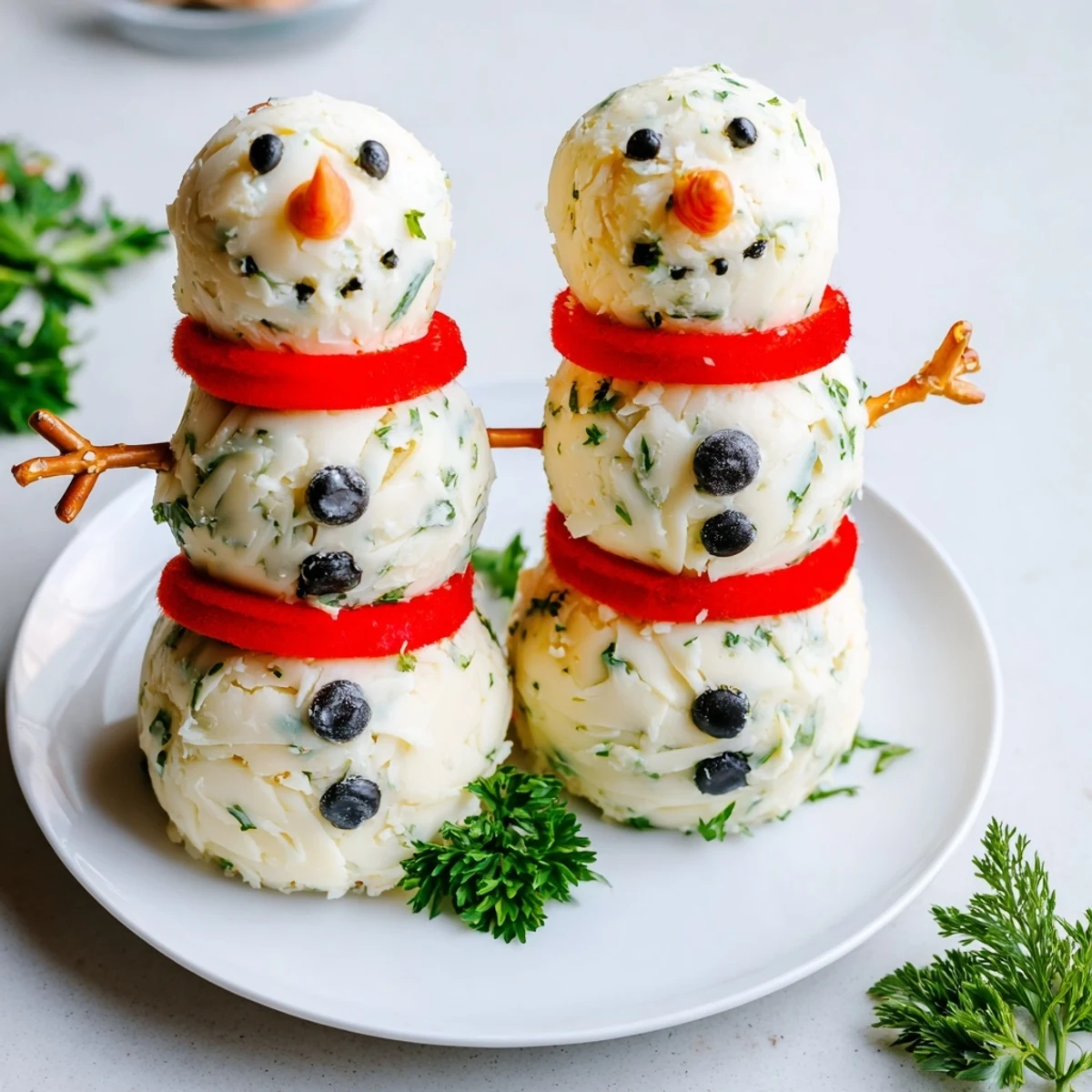 Snowman Cheese Ball Trio arranged whimsically, a festive appetizer perfect for holiday entertaining.